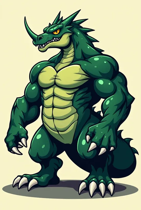 A very muscular dark green basilisk cartoon version for a logo with one horn and white claws More muscular 