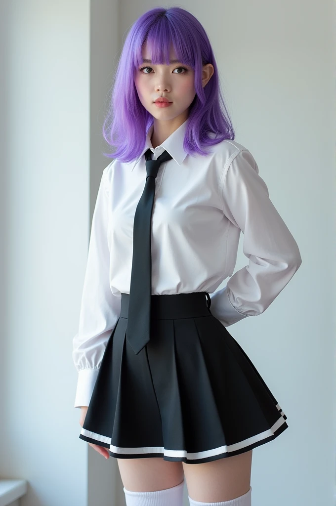 Create a photo of me Alexandra Carrion with a shoulder-length purple wig with a white blouse and tie and a black pleated skirt with white edges, black high heels and white knee-high socks 