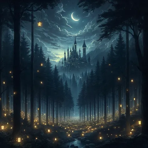 Highest quality、Delicately depicted、Dark night forest、A densely wooded forest、Far away, the castle where the Demon King lives stands tall、Countless lanterns float in the sky、The light is faintly on