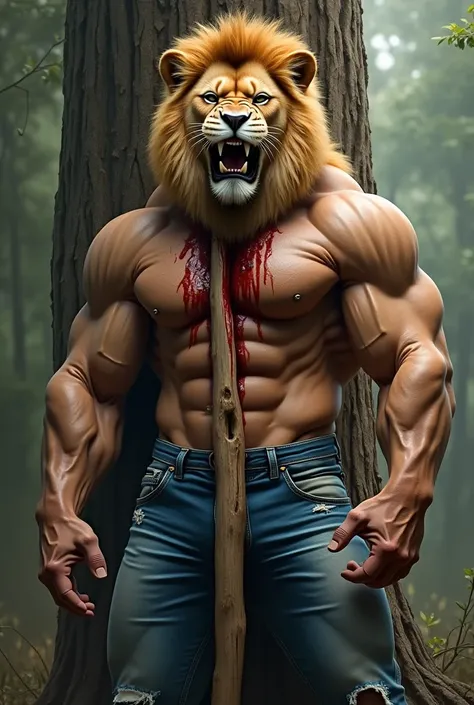 A body builder lion in human body wearing a blue jeans  standing with a tree a wood stem into chest with blood on his chest