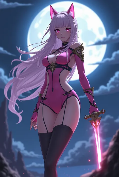 The cat girl war goddess is depicted in the background of an otherworldly night with the moon.。Wearing a sword。She is tall, model-like, and wearing a revealing pink outfit with a miniskirt.。wearing black stockings。Draw in anime style。Please draw her as sli...