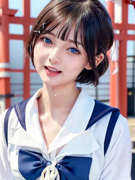 Extremely cute beautiful girl、Portraiture、blue sky、Sexy beautiful smile、very white and glowing skin、Silky shorthair、Long bangs between the eyes、Very beautiful eyes、Big eyes、Bright Blue Eyes、Small face、Round face、Cheek Gloss Highlighter、(Japan High School S...