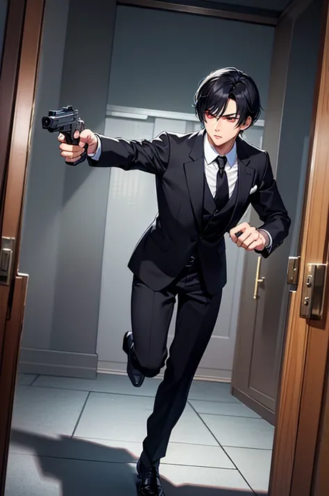 solo　a dynamic pose of running into a room with a gun in one hand。hold the gun in one hand。please wear a suit and tie、black hair...