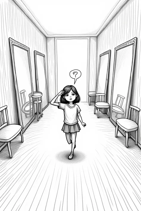 A doodle of the girl standing in the middle of the room, scratching her head with a little thought bubble above her head showing "???", surrounded by mirrors and chairs.


A sequence of her movements—twirls, leaps, pirouettes—are shown in fun, flowy lines ...