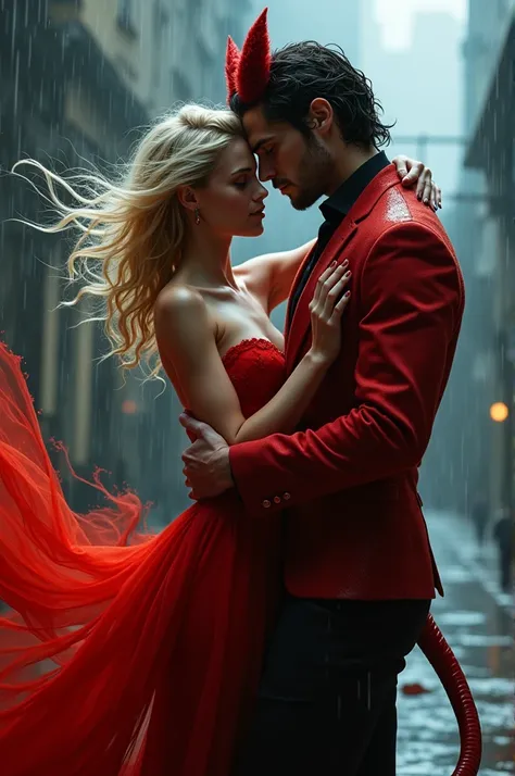 Blonde hair and blue eyed woman with a red dress dancing in the rain with a man with red a black hair red eyes and fire demon horns and tail in a red suit