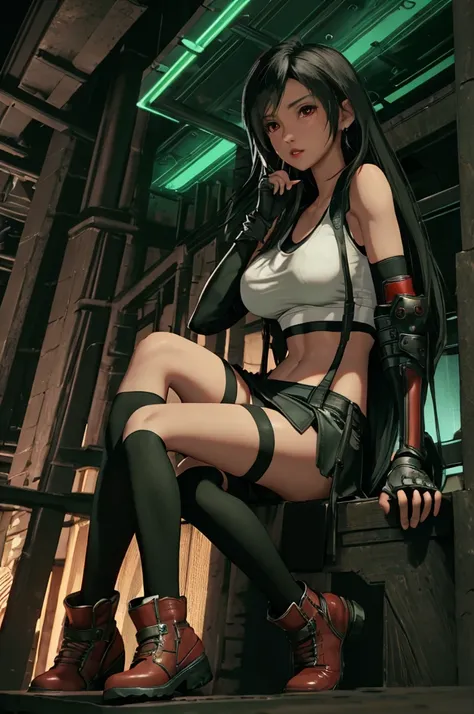 tifa lockhart, final fantasy vii,,ankle boots, black hair, black skirt, black knee socks, big breasts, cityscape, crop top, elbo...