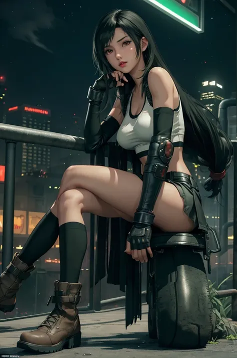 tifa lockhart, final fantasy vii,,ankle boots, black hair, black skirt, black knee socks, big breasts, cityscape, crop top, elbo...