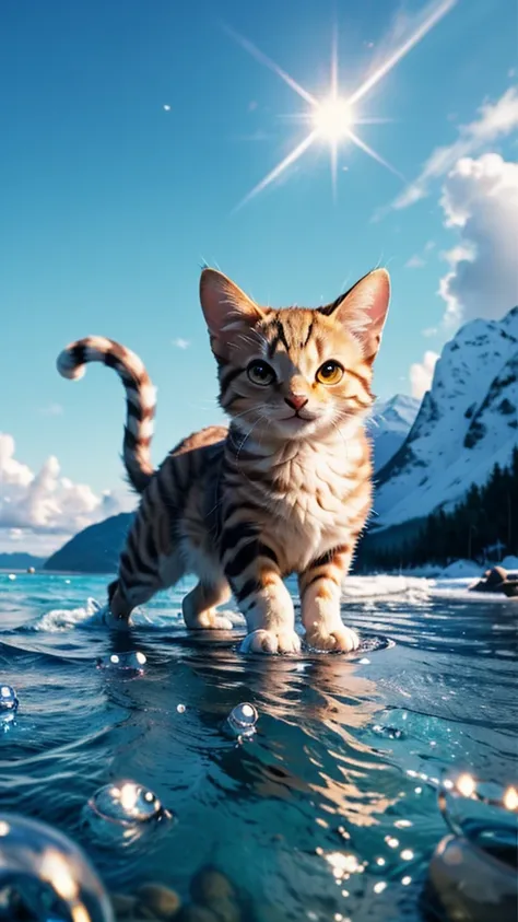 ((Highest quality、masterpiece、Highest quality、High resolution、8k、detailed、ultra-detailed:1.3)),yellow-tailed cat,kitten made of glass, blurred background is a landscape, sun, detailed glow, grin, cute、Cat,kitty cat、brown