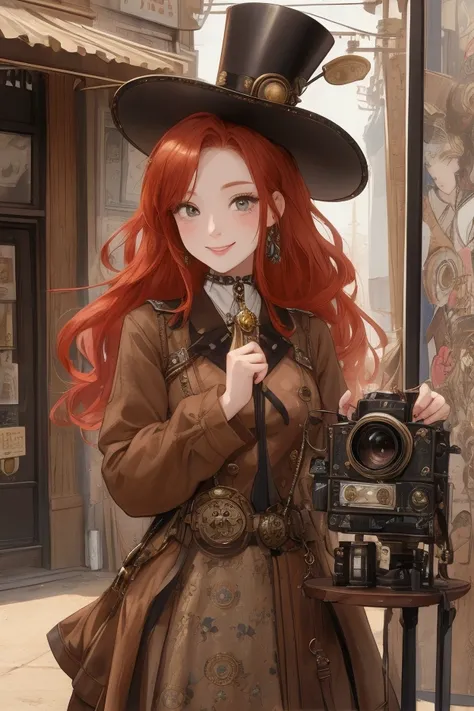 This cute redhead exudes creativity and individuality with her fuzzy hair and steam punk aesthetic. She stands tall in front of an antique store, her big smile reflecting her joy. In her hands, she holds a large steam punk camera, its intricate details and...