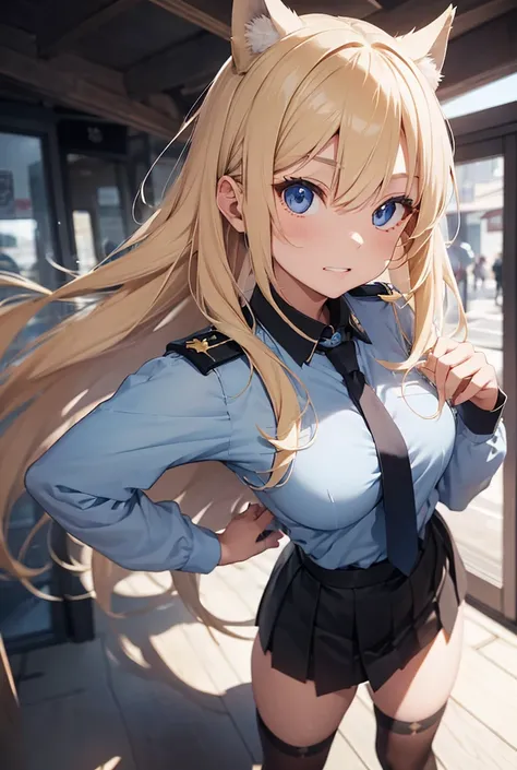 A woman in her 20s with long blonde hair, her right eye is completely hidden by her bangs, she has small wolf ears, and her eyes are sharp and staring at the camera. She is wearing a blue police uniform and a blue tie, has large breasts, jagged teeth, wear...