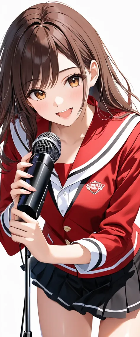 (((White background:1.5)))、(((A high school girl singing with a microphone open and holding it in both hands:1.5)))),(((cow boy shot:1.2)))、(((masterpiece、Ultra HD、Highest quality、Masterpiece、8k:1.5)))、Slender body、Singing with a smile、Highly detailed eyes...