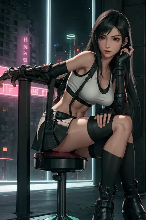 tifa lockhart, final fantasy vii,,ankle boots, black hair, black skirt, black knee socks, big breasts, cityscape, crop top, elbo...