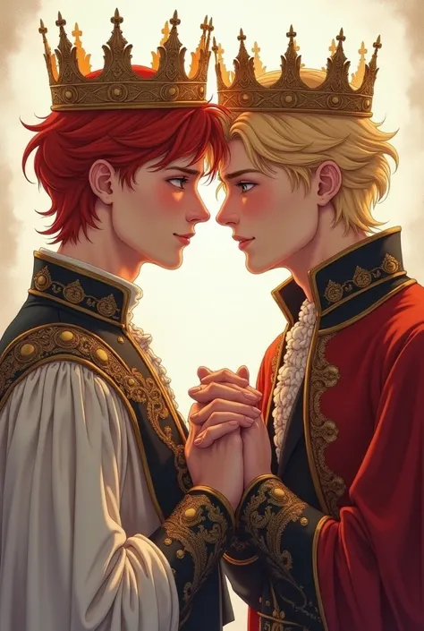 Create a drawing for me of two gay lovers, one being redhead and the other blond boy. Make them extremely passionate please.I would like a more realistic drawing and them looking forward, as if they were taking a photo. Both dressed as princes and both wit...