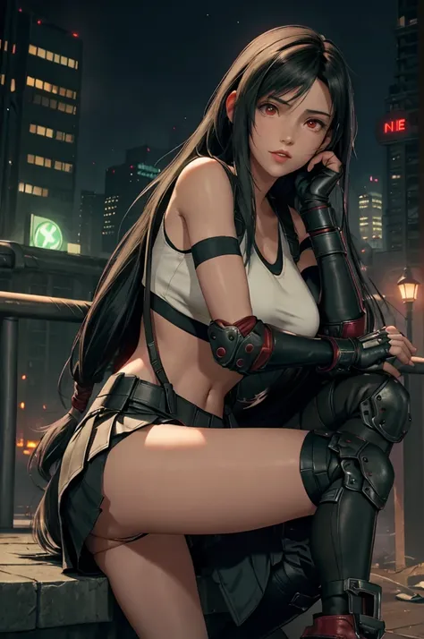 tifa lockhart, final fantasy vii,,ankle boots, black hair, black skirt, black knee socks, big breasts, cityscape, crop top, elbo...