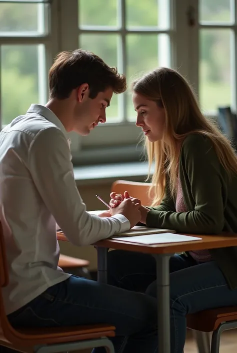 A handsome young man and a young woman were sitting on chairs next to a table on a class bench.    While the young man is sitting reading, the young woman puts her hand on the pant zip of the young mans penis and squeezes him tightly romantically.  .