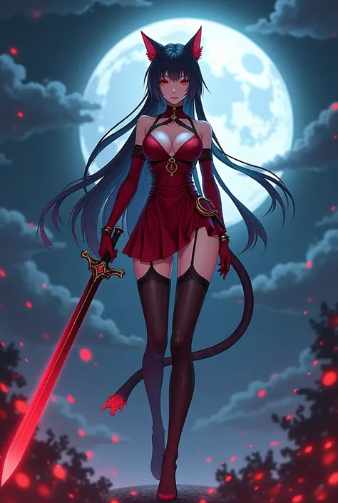 The cat girl war goddess is depicted in the background of an otherworldly night with the moon.。Wearing a sword。She is tall, model-like, and wearing a miniskirt and red revealing clothing.。wearing black stockings。Draw in anime style。Please draw her as slim ...