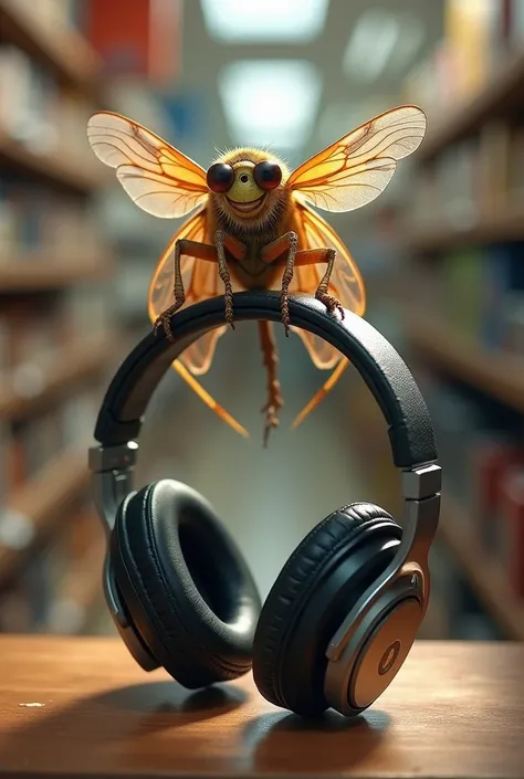 A cicada is in the store, holding up the headphones for everyone to see.