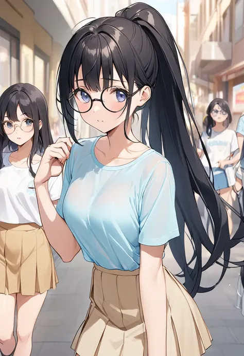 High school girls、Appearance（Long Hair、Black Hair、Ponytail）clothing（A light blue sheer T-shirt（White bra is visible）、Beige mini skirt、Round Glasses）