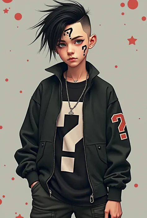 Boy with emo style, with a tattoo of the question mark symbol in the middle of his forehead, cargo pants, blouse with a Naruto design, American cut hair 
