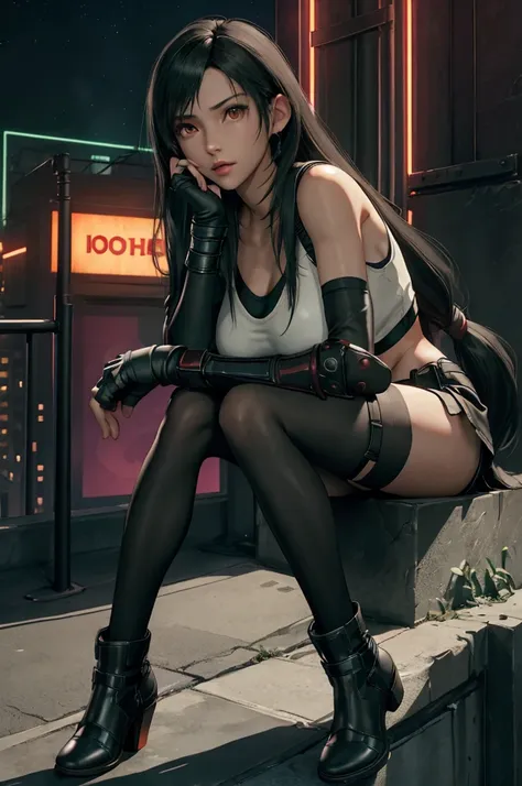 tifa lockhart, final fantasy vii,,ankle boots, black hair, black skirt, black knee socks, big breasts, cityscape, crop top, elbo...