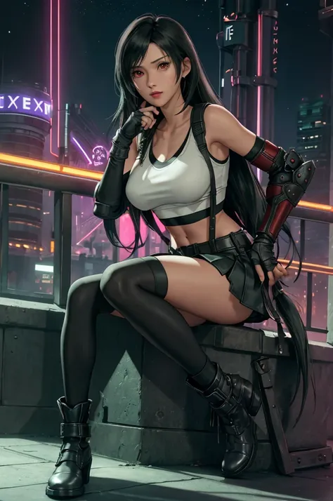 tifa lockhart, final fantasy vii,,ankle boots, black hair, black skirt, black knee socks, big breasts, cityscape, crop top, elbo...