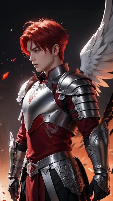 an angelic warrior man with blood red hair, with silver armor with black details and white wings