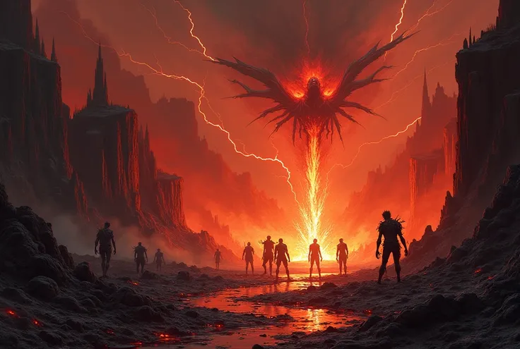 An Illustration of the Valley of Torture in a place where Hellfire is very hot and the valley looks very terrible and very bad and in the sky of the valley there are lightning bolts that strike very horribly (Please describe the illustration as a somewhat ...