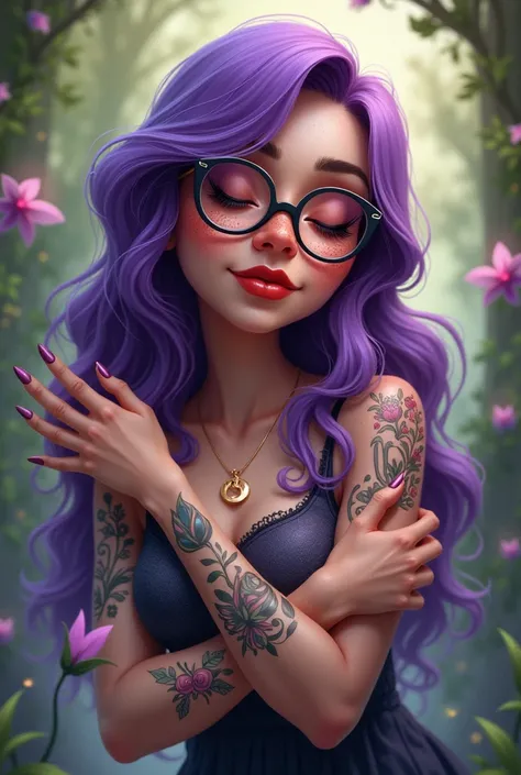 Make a caricature of a woman with glasses , red thick lips violet hair giving herself a self hug , She must look tender, have tattoos on her arms and inspire protection and spiritual love, have an oval face and freckles, she is a healing witch 