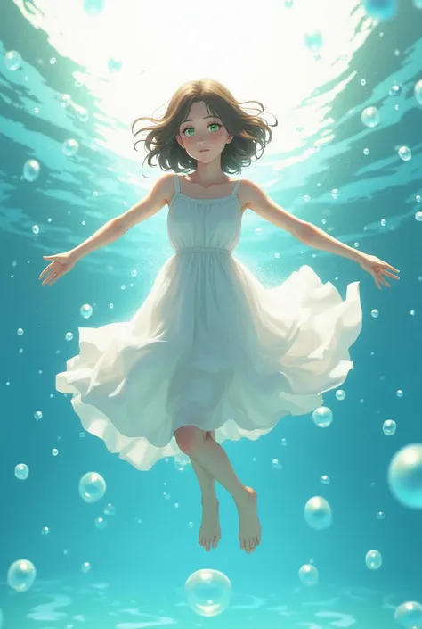 Create an image of a girl with short brown hair and green eyes in a big white dress falling into a pool with bubbles around it