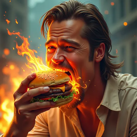 fire burger being eaten by brad pitt