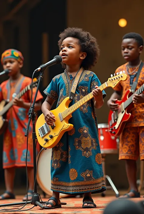 make a photo of my music band, use African young boys and girls as members of the band remember to put drums and guitars and microphones and write the name "Midnight Ember"
