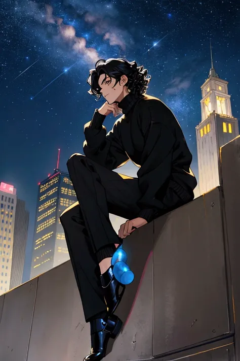 Create an image with a starry sky and a light in the background while a person is 1,80 tall , curly black hair wearing a black and gold sweater ,sitting on top of a building leaning against the wall  , not anime style 