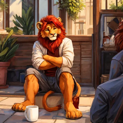 an anthropomorphic orange lion, casual clothes, red hair, closed smile, high quality furry art.