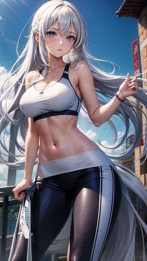 1 girl with long white wavy hair, blue eyes medium breasts and slim waist Sportswear pants and tennis