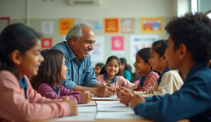 Bharti Foundation’s Satyabharti Schools and Sunil Mittal at charity events: Transition to visuals of Satyabharti Schools, showcasing modern, well-equipped classrooms, smiling students, and dedicated teachers. Highlight banners or signs of the Bharti Founda...