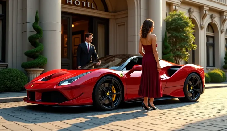 in front of the hotel, a red ferrari parked, woman getting out of the ferrari, man in the hotel, holding the door of the ferrari, cinematic, realistic, 4k