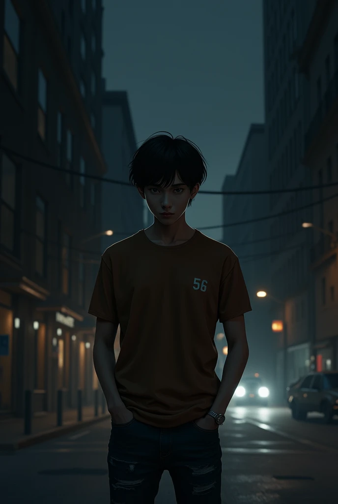 A young  man, wearing brown t shirt , 56 number on t shirt on lest side small size , hands in pocket, night in the street, 