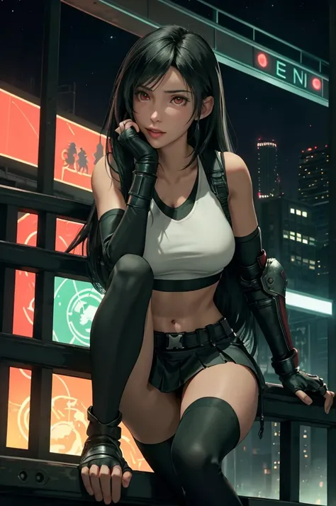 Tifa Lockhart, Final Fantasy VII,,Ankle boots, Black Hair, black skirt, black knee socks, Big Breasts, Cityscape, Crop top, Elbow Gloves, Elbow pads, fingerless gloves, whole body, Headrest, Small face,8 heads,Clear red eyes,lips,View your viewers, low-tie...