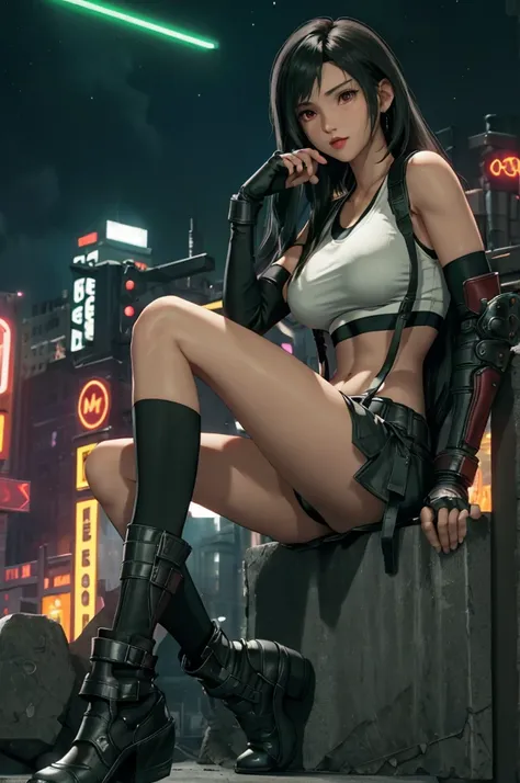 tifa lockhart, final fantasy vii,,ankle boots, black hair, black skirt, black knee socks, big breasts, cityscape, crop top, elbo...