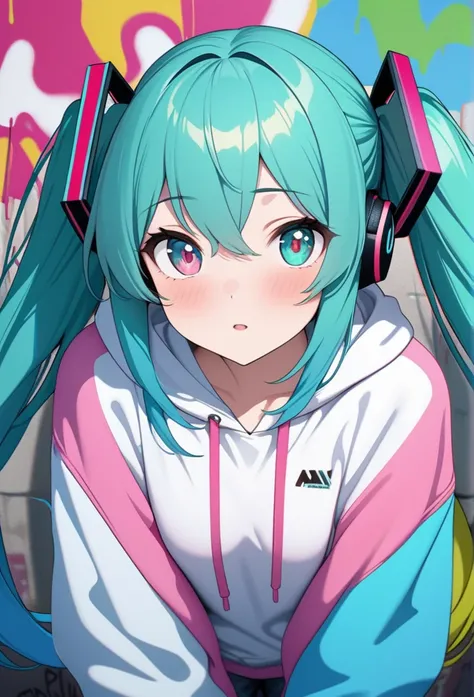 masterpiece, high quality, High resolution, Absurd, Very detailed, 8k, 1 girl, Hatsune Miku、Gradient Hair, Observe the audience, Colorful eyes, Colorful hoodies, (Graffiti mural background:1.15), brightly colored paintings, bloom, Portraiture, (close:1.2),...