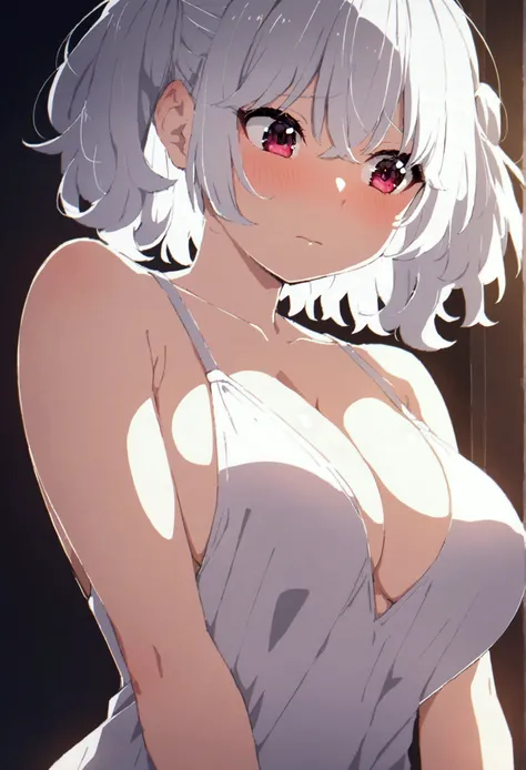 an anime girl, White hair, Eyes red, big boobies, Body cute, shy face looking to the side