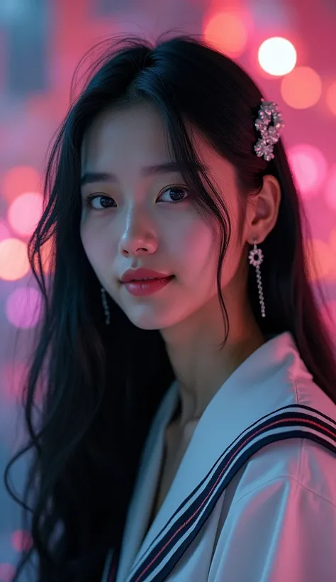 1 woman, long hair, smile, Dark black eyes, , Smooth between the eyes, headband, earring, Hair clips, Wear a Thai school uniform,Radioactive painting, Masterpiece, Dark black hair, หน้าsmile, F1 aperture.2, Twinkling light, digital art, 