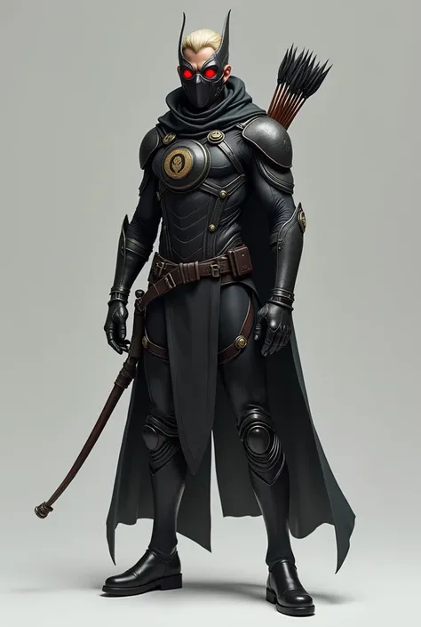 archer, black and gray stealth armor style suit covering the upper part of his athletic body; overskirt, tights and small black boots complete your look; quiver hanging at the side of the body and military belt with small pouches for equipment. Wear a mask...