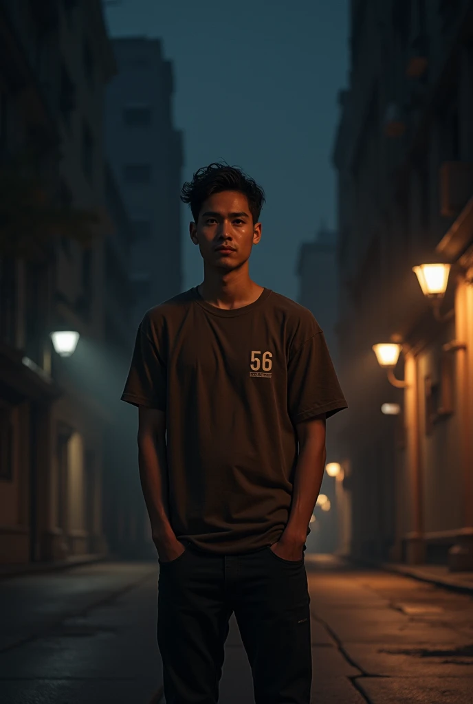 A young  man, wearing brown t shirt , 56 number on t shirt on lest side small size , ,
night in the street, 
