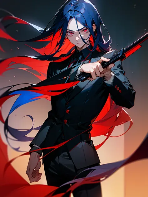 Masterpiece, ultra-detailed lighting. Anime boy, crimson eyes, detailed eyes, long eyelashes, dark blue hair with red gradient; long flowy hair, shoulder-length hair, black suit, black collared shirt, black tie. Cold, determined. Holding black pistol.