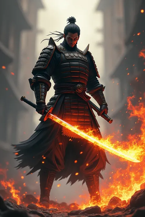 Anime samurai with flaming katana
