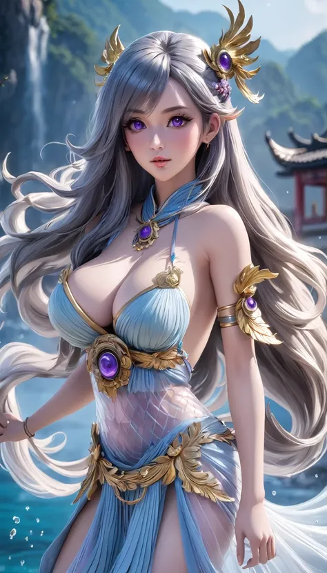 high quality,HD,16K,Sharp Line,1 Girl,fantasy, （Ice and Fire Goddess）,Pretty Face, Large Breasts, Beautiful legs,In the water,Focus Girl,detailed Pretty Face,Detailed clothes,beautiful eyes,Cool,Sexy,Dynamic Angle,穿着华服的神明Strike a pose拍照, Ancient mysterious...