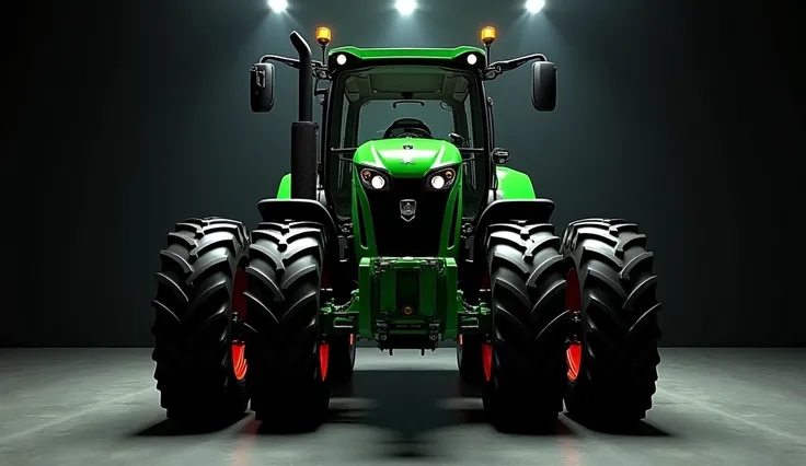 45-Degree Rear Angle in front side viewShowroom:"Generate a 45-degree front angle view of the Kubota M7001 tractor in green, displayed in a beautiful showroom with a black background. The large rear tires, rear hitching equipment, and part of the right sid...