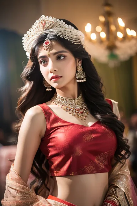 4K, UHD, masterpeice, 1 girl, good face, detailed eyes, detailed lips, very long hair, straight hair, very long hair, beautiful hair, hair ornaments, hairband, gradient hair, ((red lehenga)), ((bridal lehenga)), ((decorated blouse)), sardine, ((jwellery on...