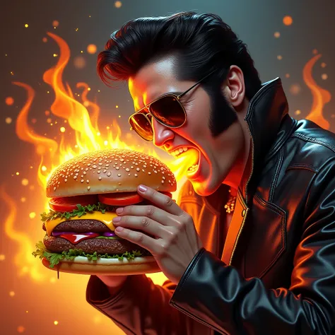 Fire burger being eaten by rock singer Elvis Presley 